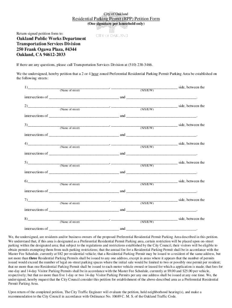 Fillable Online Residential Permit Parking Area Petition Form Fax Email