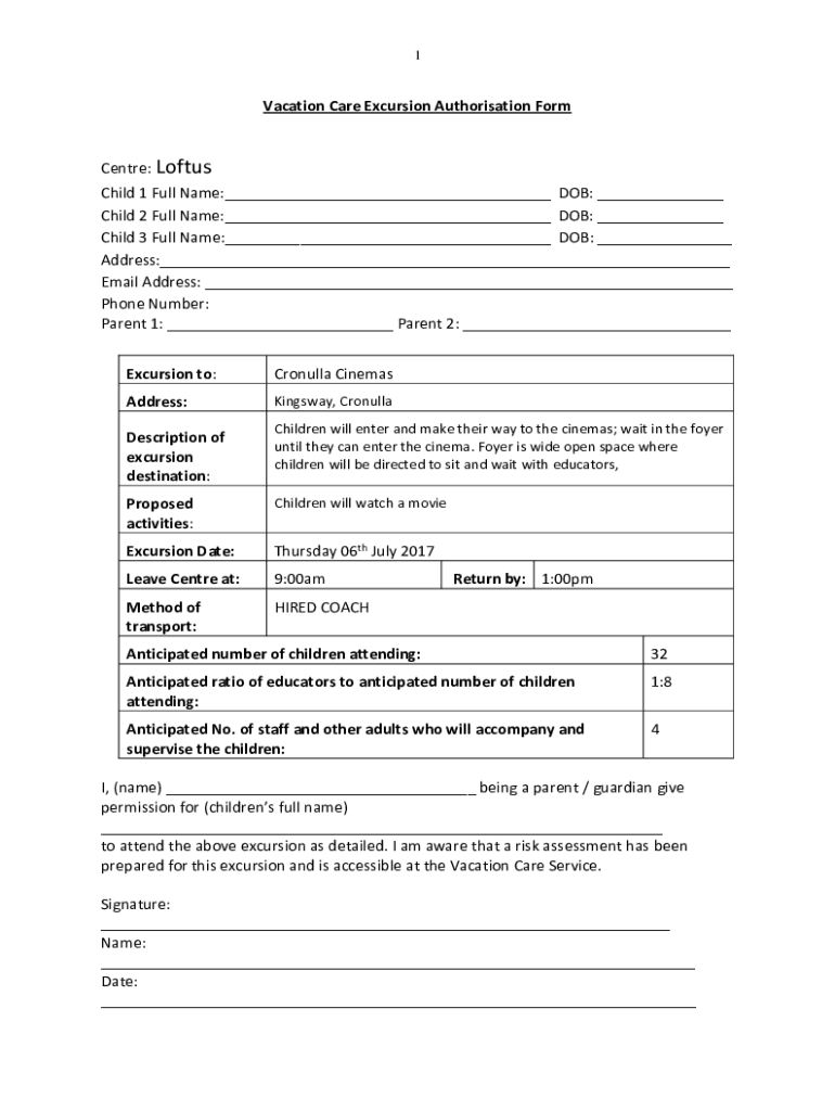 Fillable Online Vacation Care Excursion Authorisation Form Centre