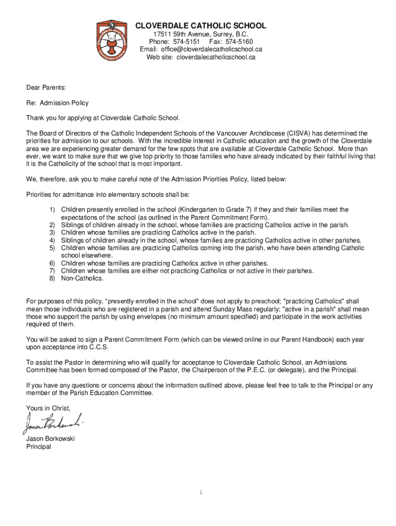 Fillable Online CLOVERDALE CATHOLIC SCHOOL Fax Email Print pdfFiller