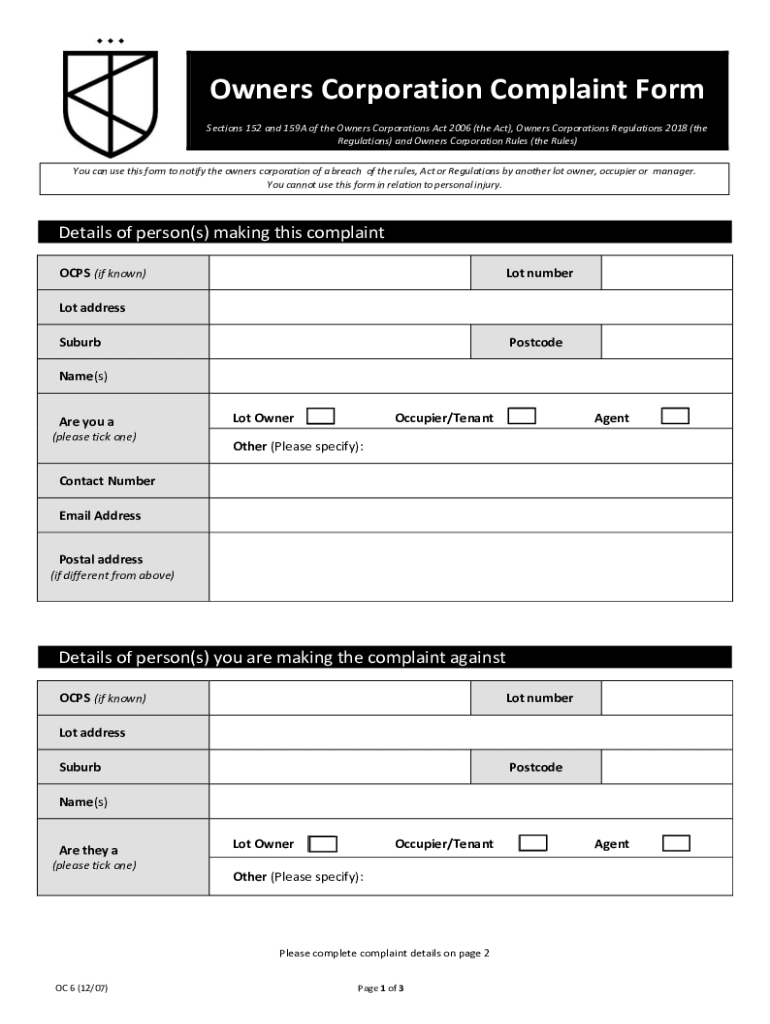 Fillable Online Complaint handling and resolving disputes in an owners