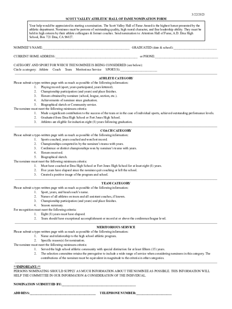 Fillable Online Scott Valley Athletic Hall of Fame Nomine Form Fax