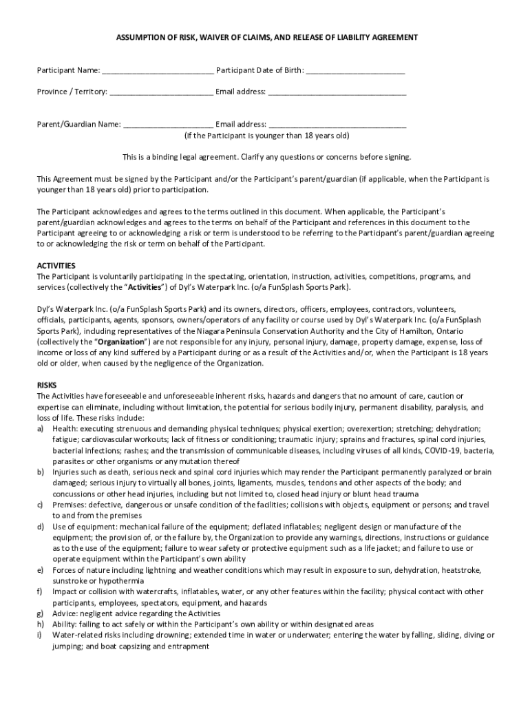 Fillable Online ASSUMPTION OF RISK, WAIVER OF CLAIMS, AND RELEASE OF