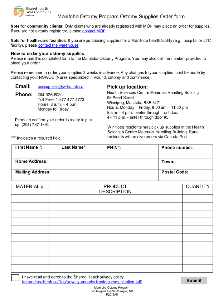 Fillable Online Order Form Ostomy Supplies Instructions Please fill in