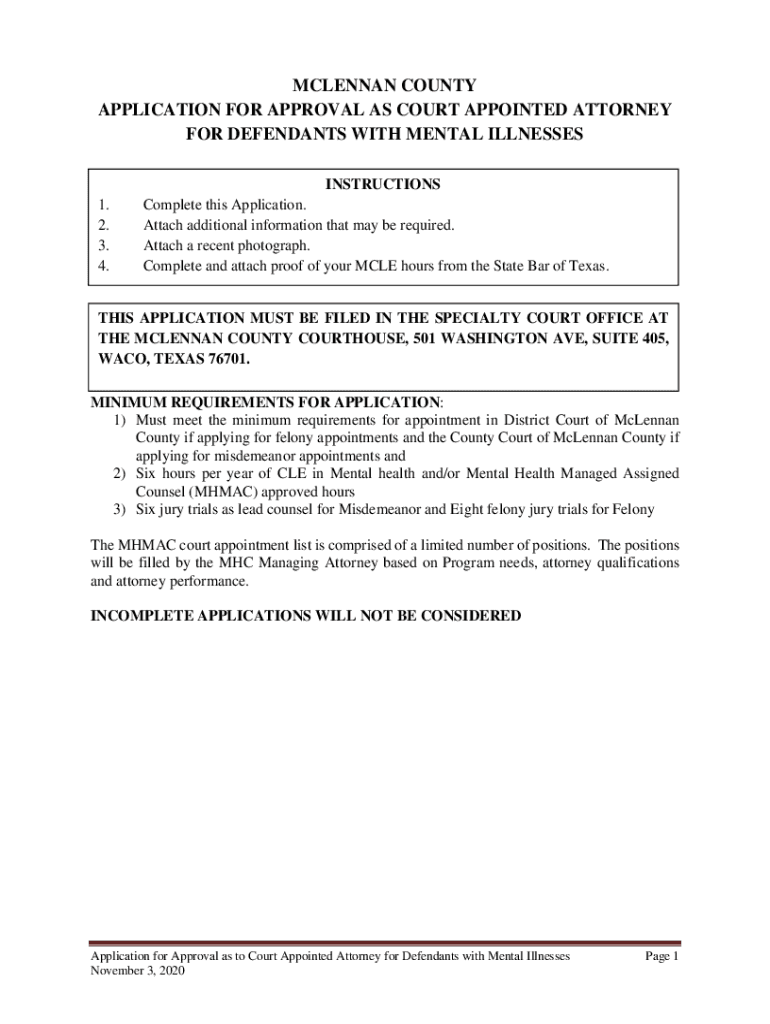 Fillable Online McLennan County Court Attorney Application for MHC