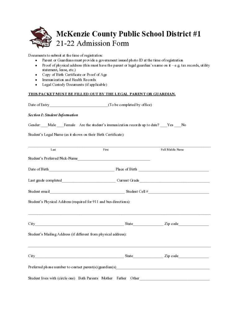 Fillable Online McKenzie County Public School District 1 2122