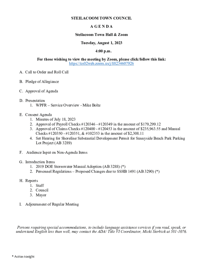 Fillable Online STEILACOOM TOWN COUNCIL A G E N D A Steilacoom Town