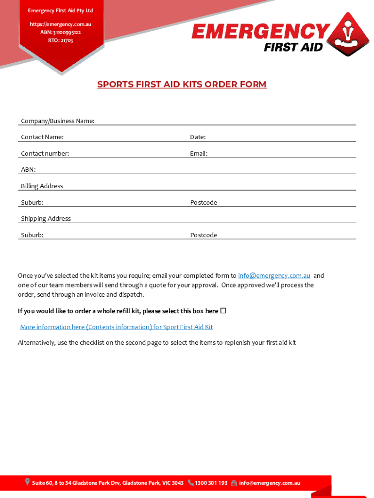 Fillable Online SPORTS FIRST AID KITS ORDER FORM Fax Email Print