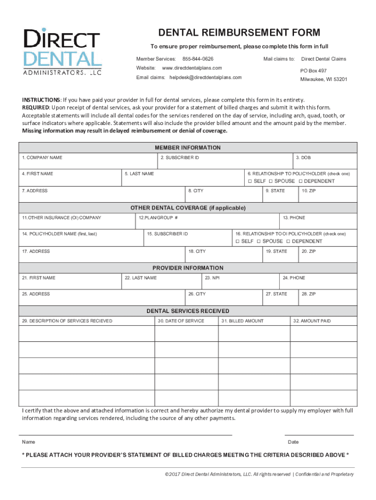 Fillable Online Dental Reimbursement Claim Form Fax Email Print pdfFiller