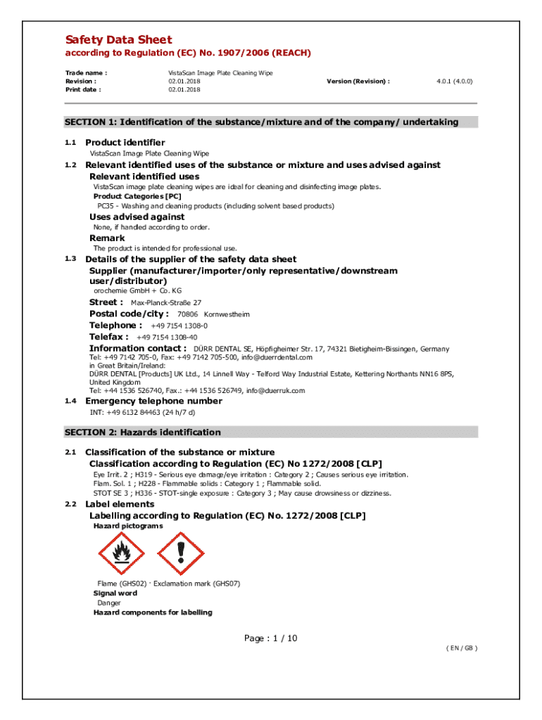 Fillable Online VistaScan Image Plate Cleaning Wipe Safety Data Sheet