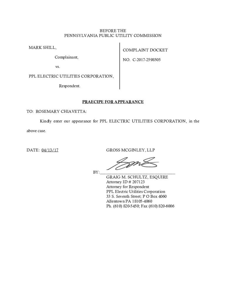 Fillable Online Chiavetta enclose Praecipe for Appearance SHILL, MARK