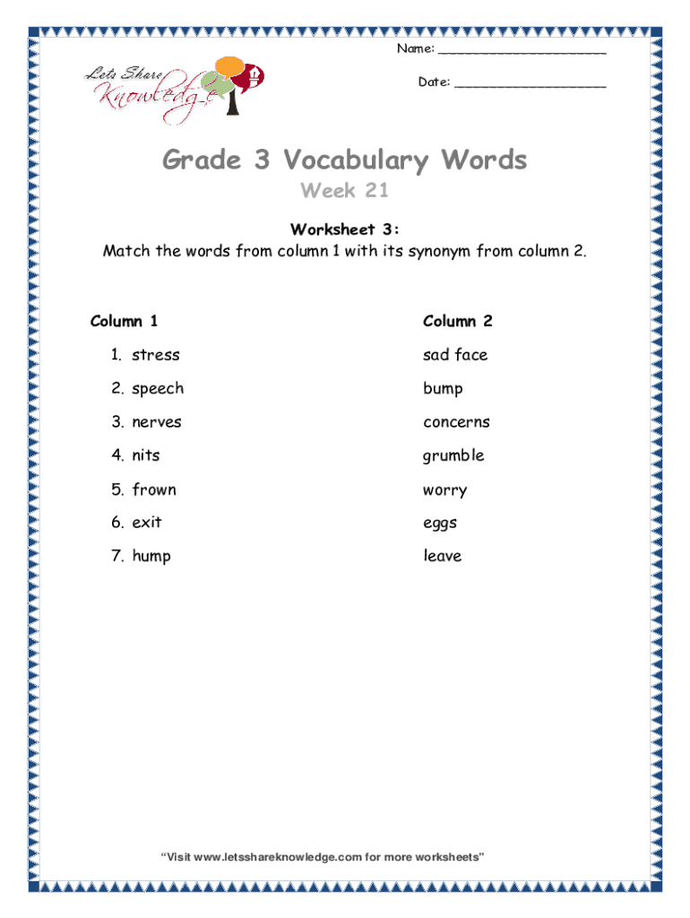 Fillable Online Grade 3 Vocabulary Worksheet - Synonyms Fax Email Print