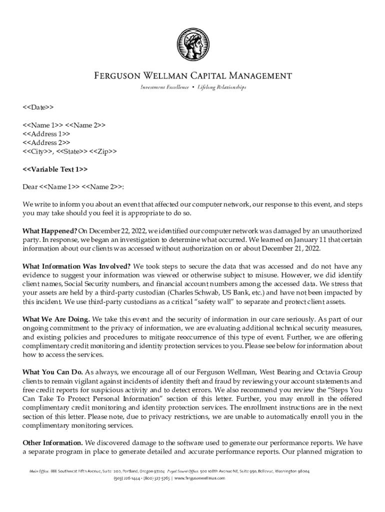 Fillable Online Ferguson Wellman Notice of Data Event Fax Email Print