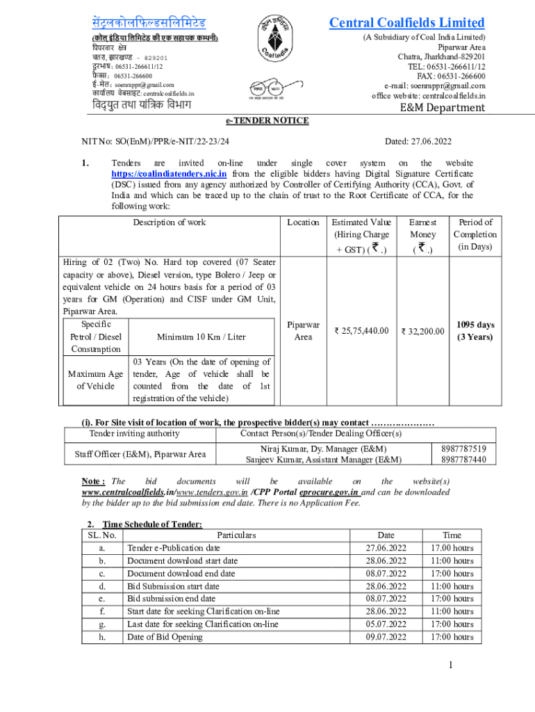 Fillable Online Central Coalfields limited Office of the General