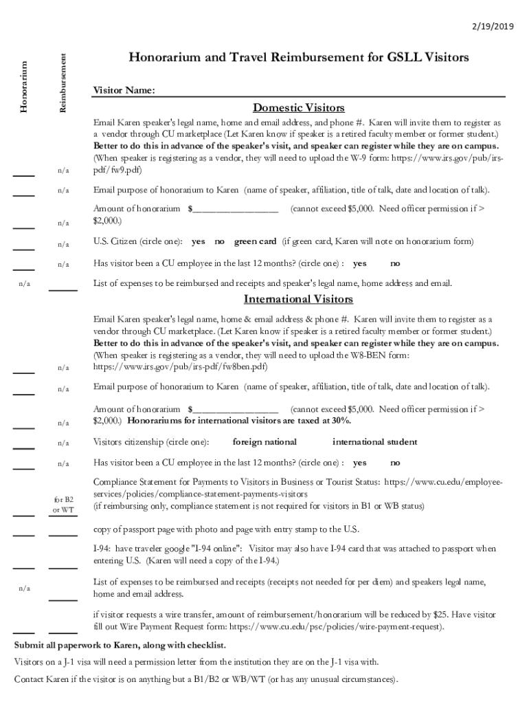 Fillable Online Honorarium and Travel Reimbursement for GSLL Visitors
