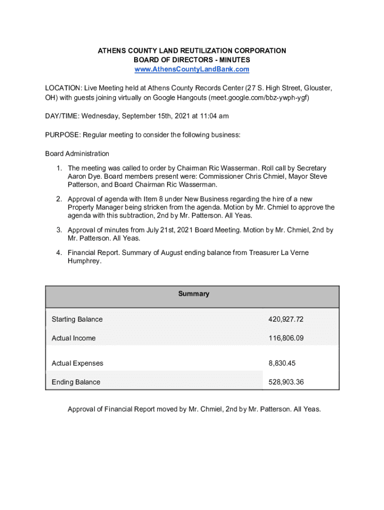 Fillable Online ATHENS COUNTY LAND REUTILIZATION CORPORATION BOARD