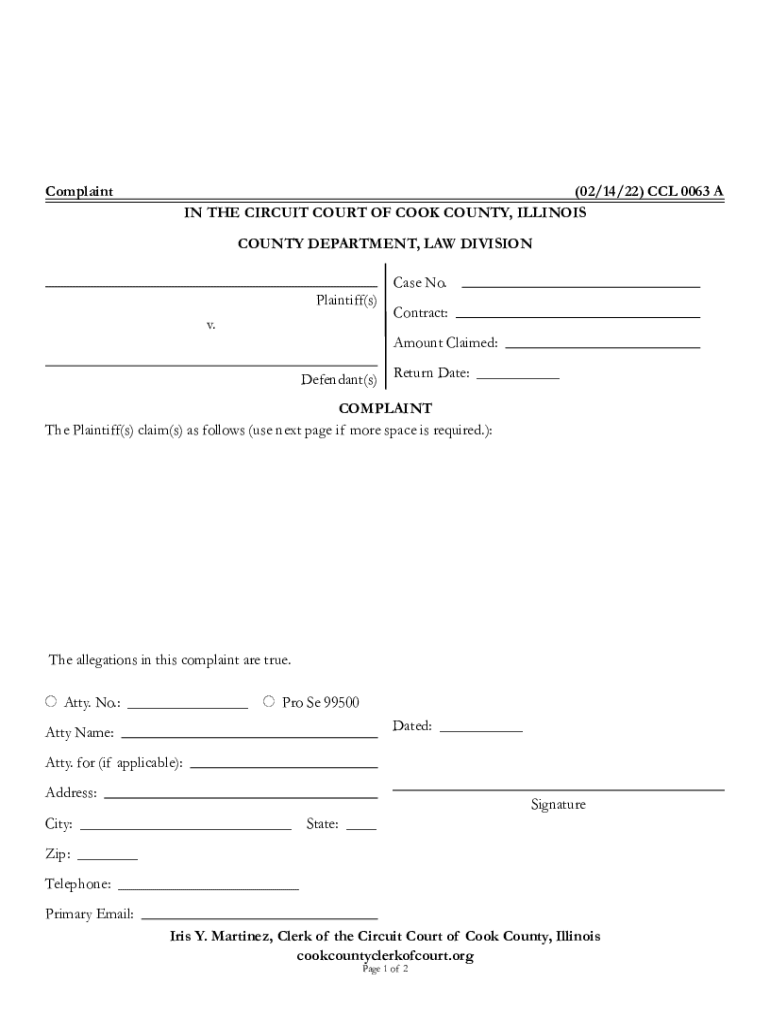 Fillable Online services cookcountyclerkofcourt Complaint Cook County