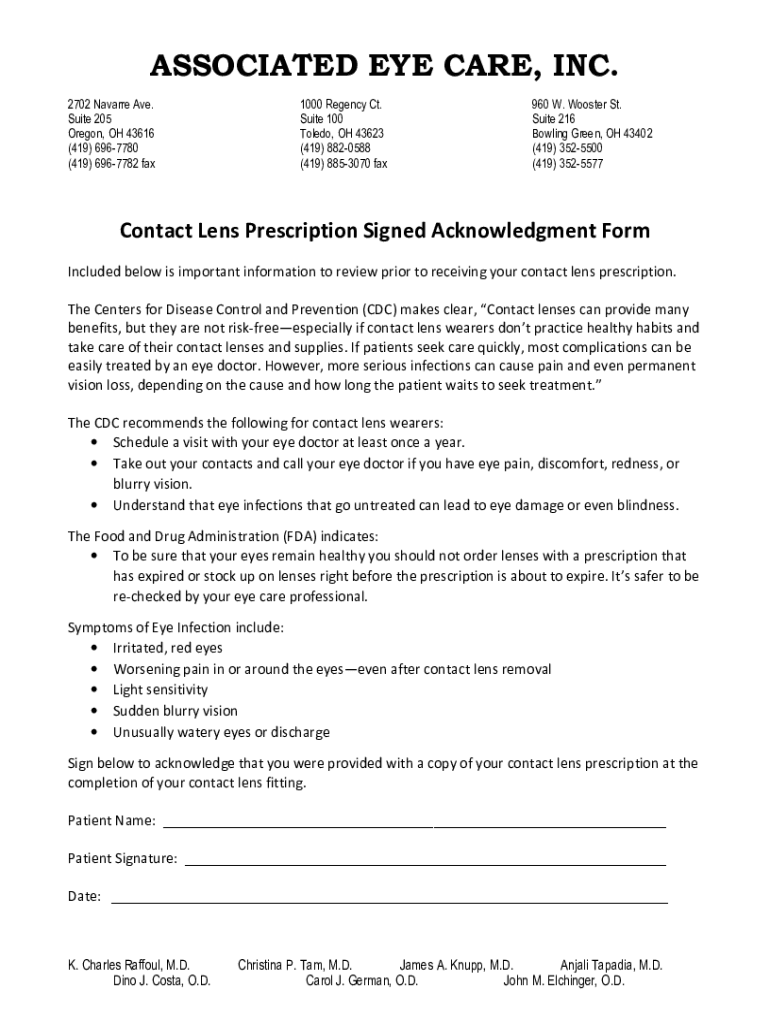 Fillable Online Contact Lens Prescription Signed Acknowledgment Form