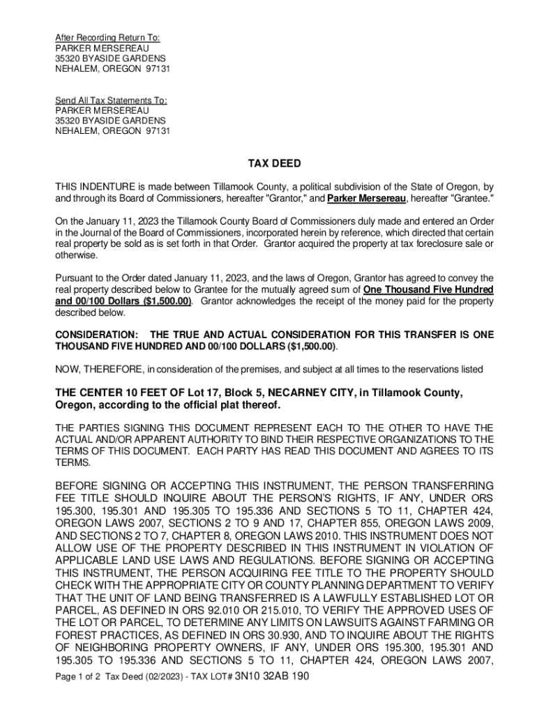 Fillable Online TAX DEED Tillamook County Oregon Fax Email Print pdfFiller