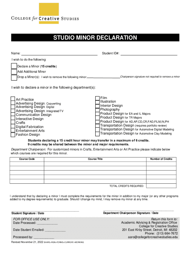 Fillable Online Studio Art Minor Declaration of Interest Form Fax Email Print pdfFiller