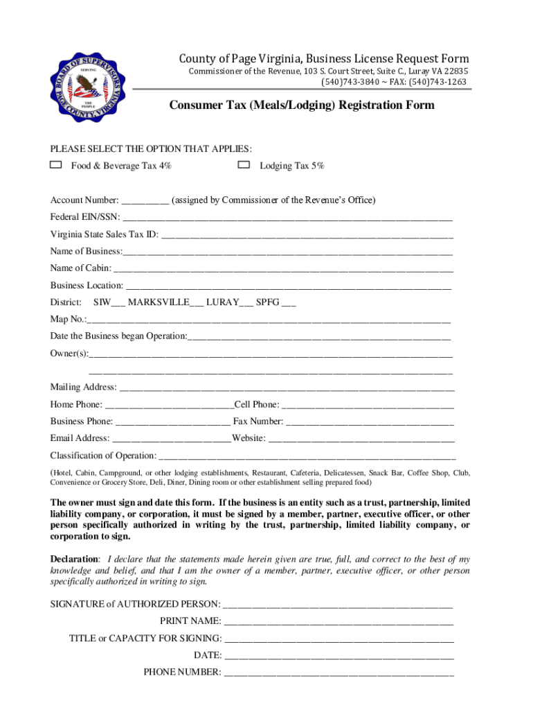 Fillable Online County of Page Virginia, Business License Request Form Consumer Fax Email