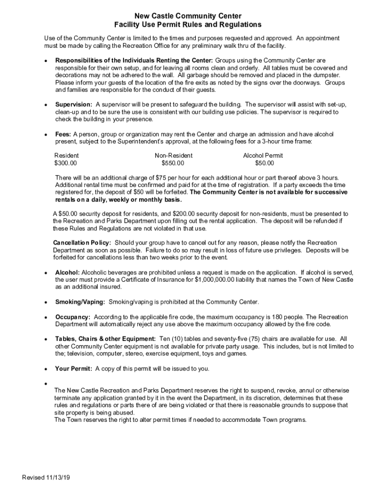 Fillable Online New Castle Community Center Facility Use Permit Rules