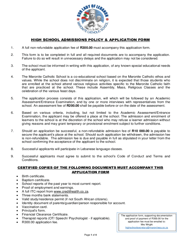 Fillable Online HIGH SCHOOL ADMISSIONS POLICY & APPLICATION FORM Fax