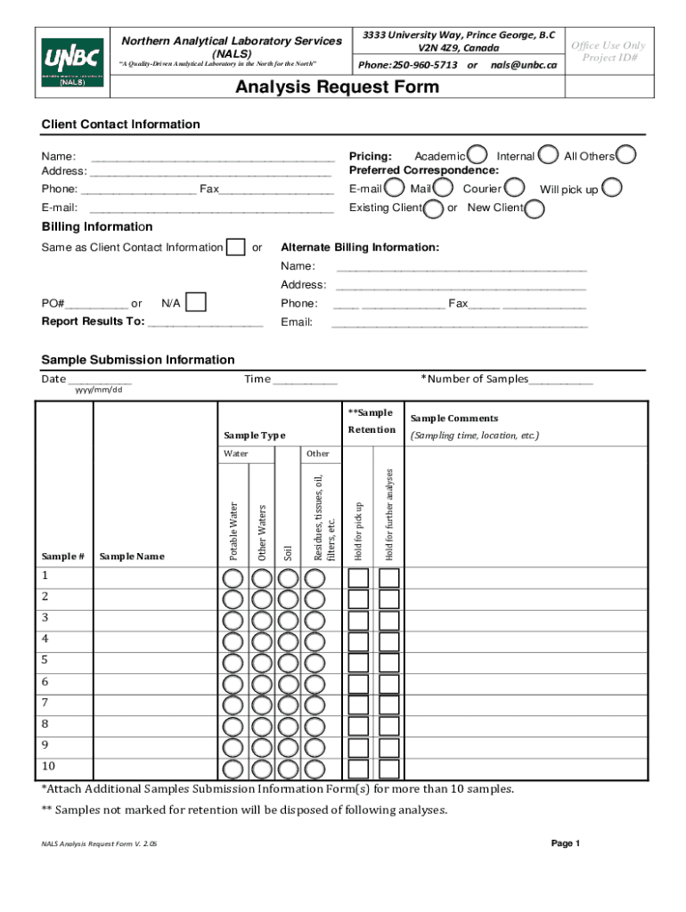 Fillable Online Northern Analytical Laboratory Service Contact Fax