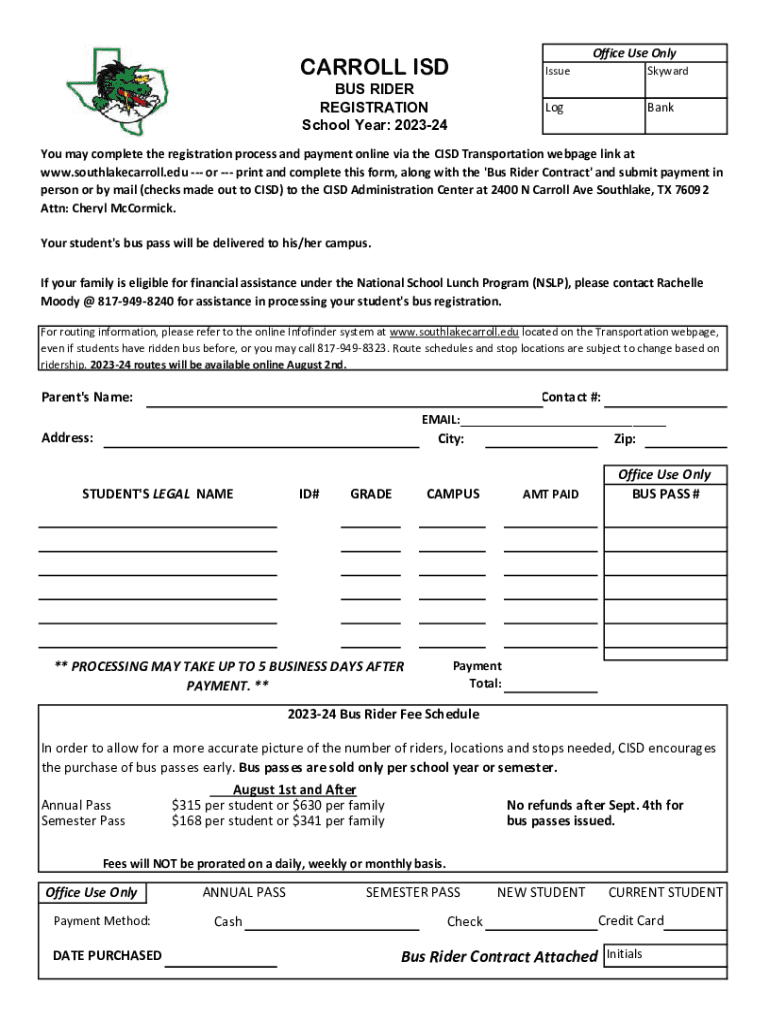 Fillable Online Bus Rider Registration Form Southlake Fax Email Print