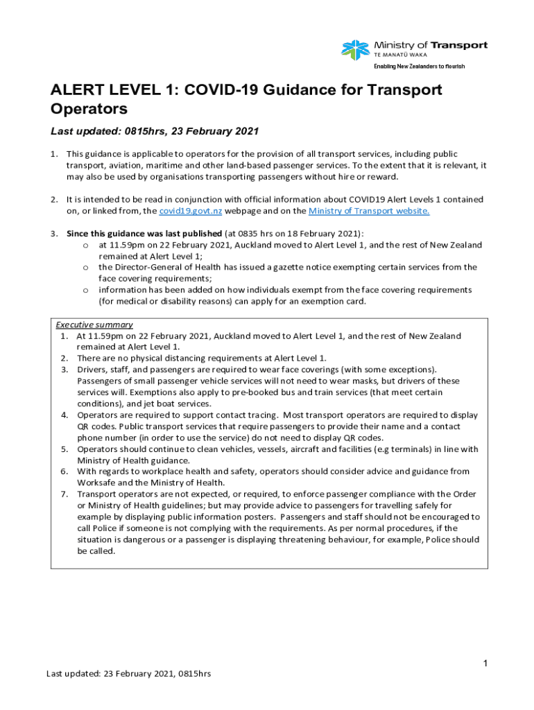 Fillable Online ALERT LEVEL 1 COVID19 Guidance for Transport