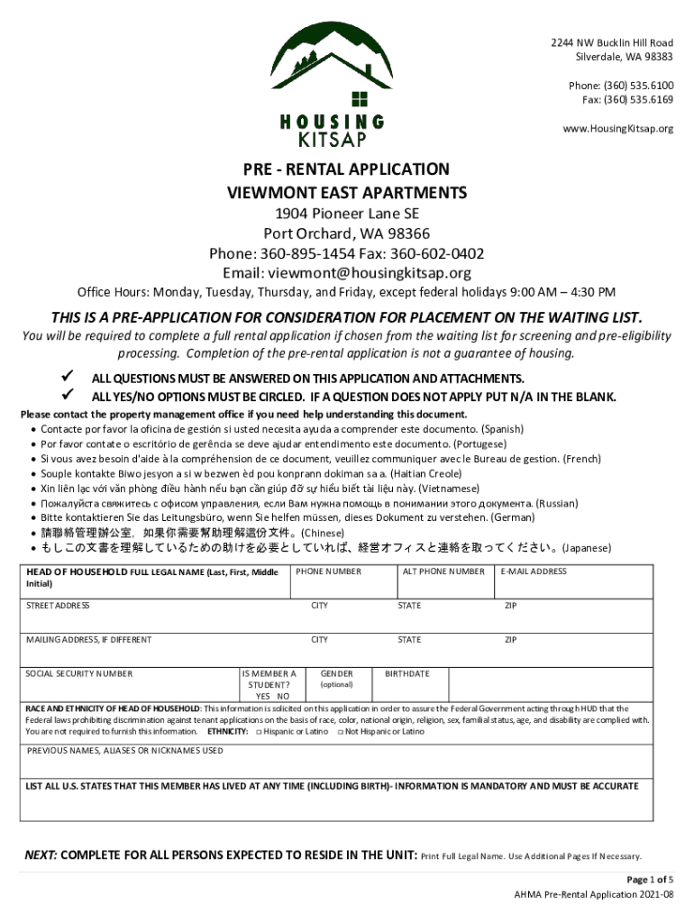 Fillable Online PRE RENTAL APPLICATION VIEWMONT EAST Fax Email
