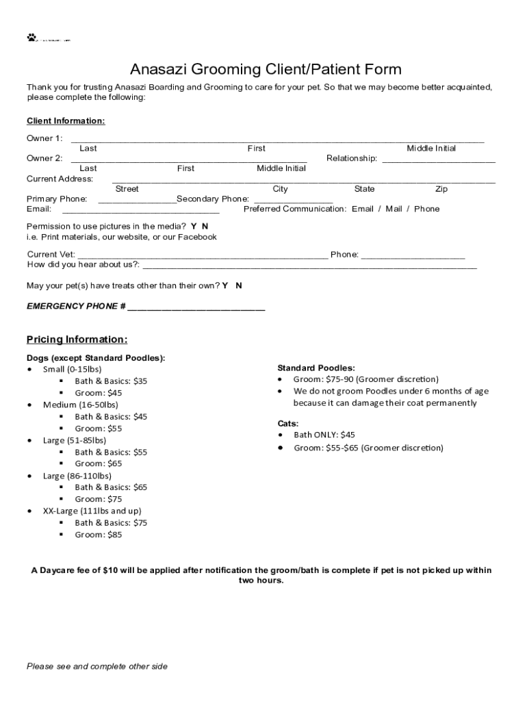 Fillable Online Anasazi Boarding New Client/Patient Form Fax Email Print pdfFiller