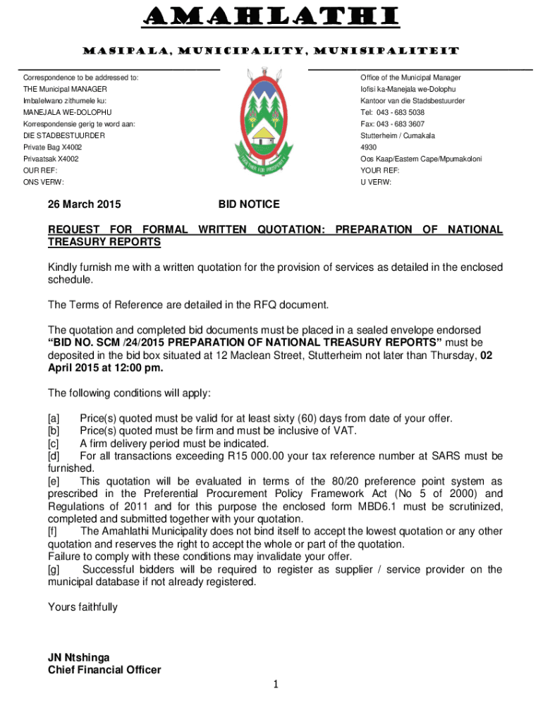 Fillable Online amahlathi gov Formal Written Quotation Supply and