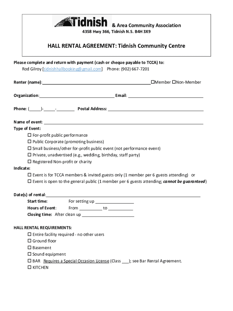 Fillable Online HALL RENTAL AGREEMENT Tidnish Community Centre Fax