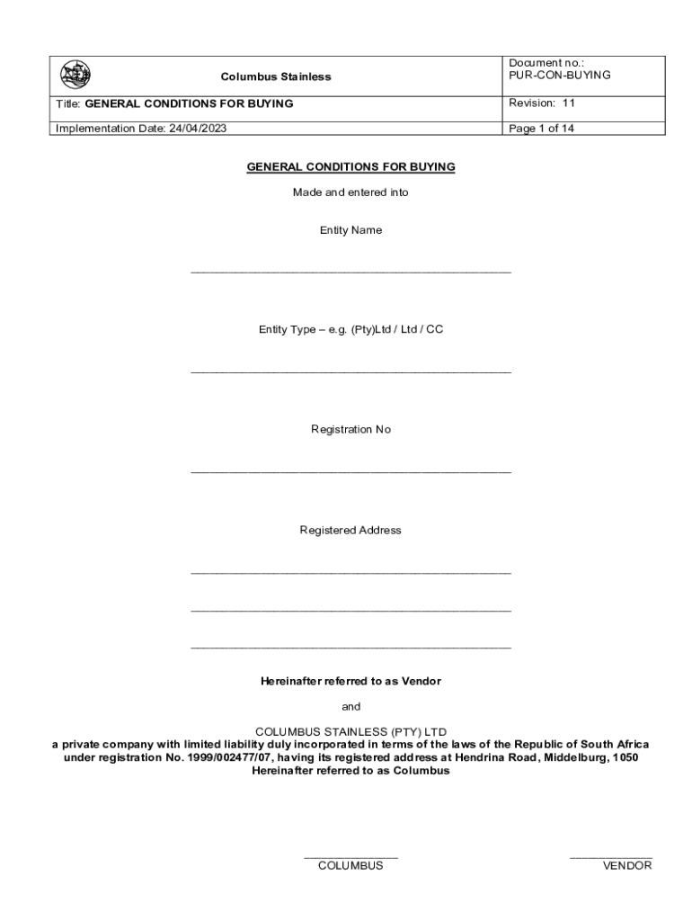Fillable Online columbus co PURCONBUYING Title GENERAL CONDITIONS