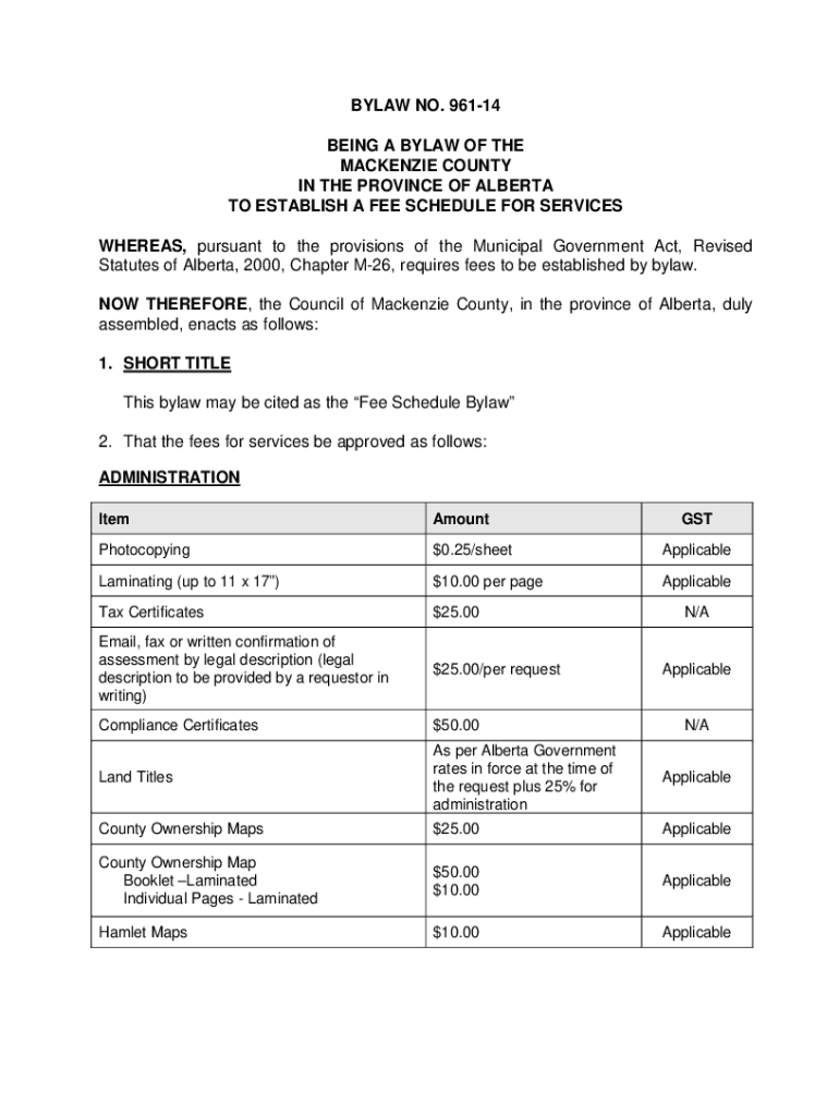 Fillable Online Bylaw 0923 Fees, Rates and Charges with Schedule