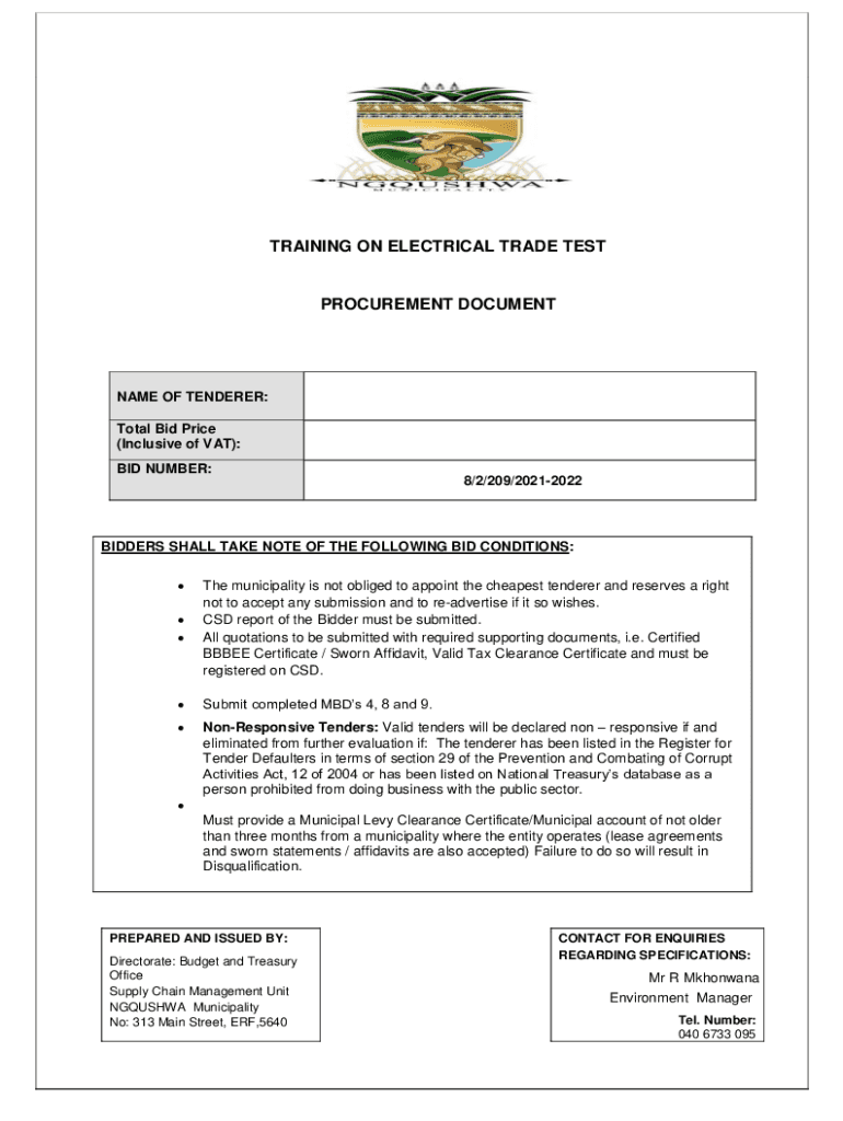 Fillable Online ngqushwamun gov Training on Electrical Trade Test Fax