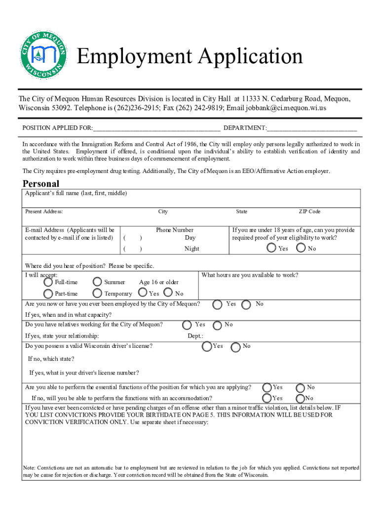 Fillable Online Employment Application City of Mequon Fax Email Print