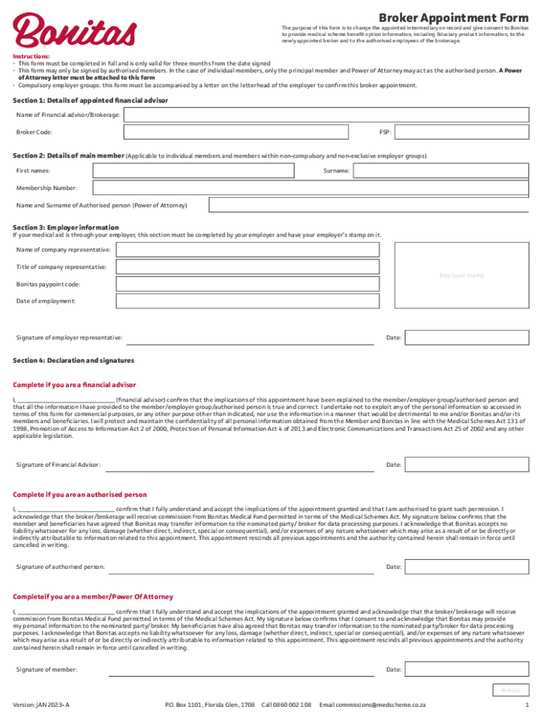 Fillable Online Broker Appointment Form Bonitas Medical Aid Fax Email