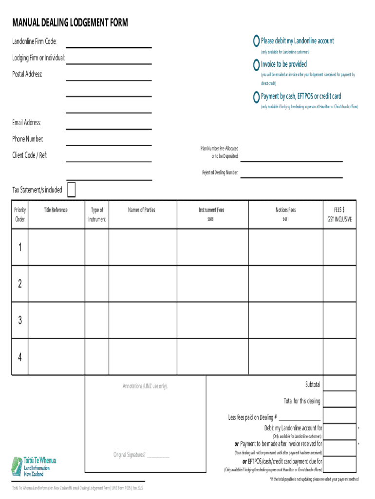 Fillable Online Fillable MANUAL DEALING LODGEMENT FORM (Land Fax