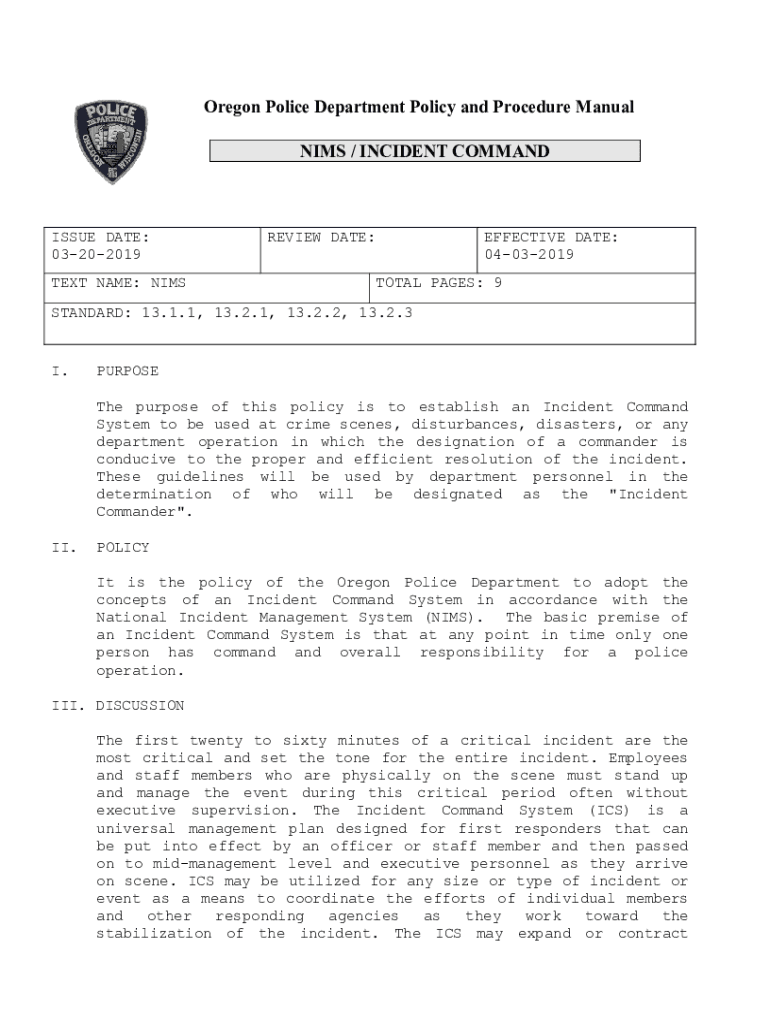 Fillable Online NIMS / INCIDENT COMMAND Oregon Police Department