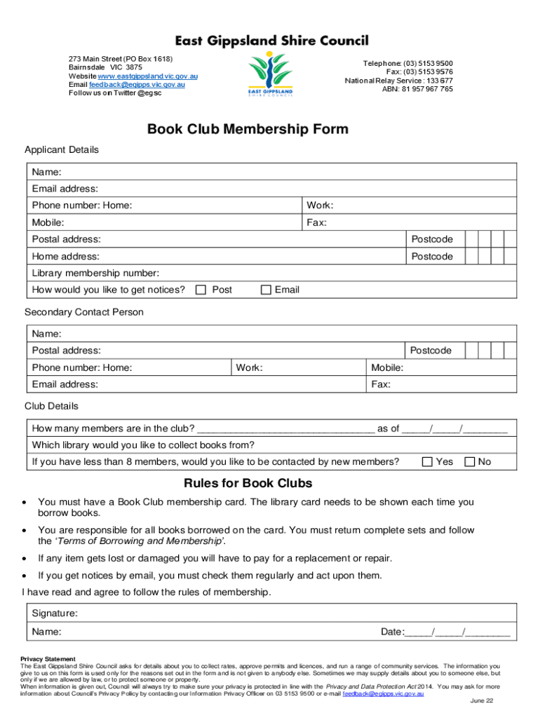 Fillable Online Free Online Book Club Membership Form Template Fax
