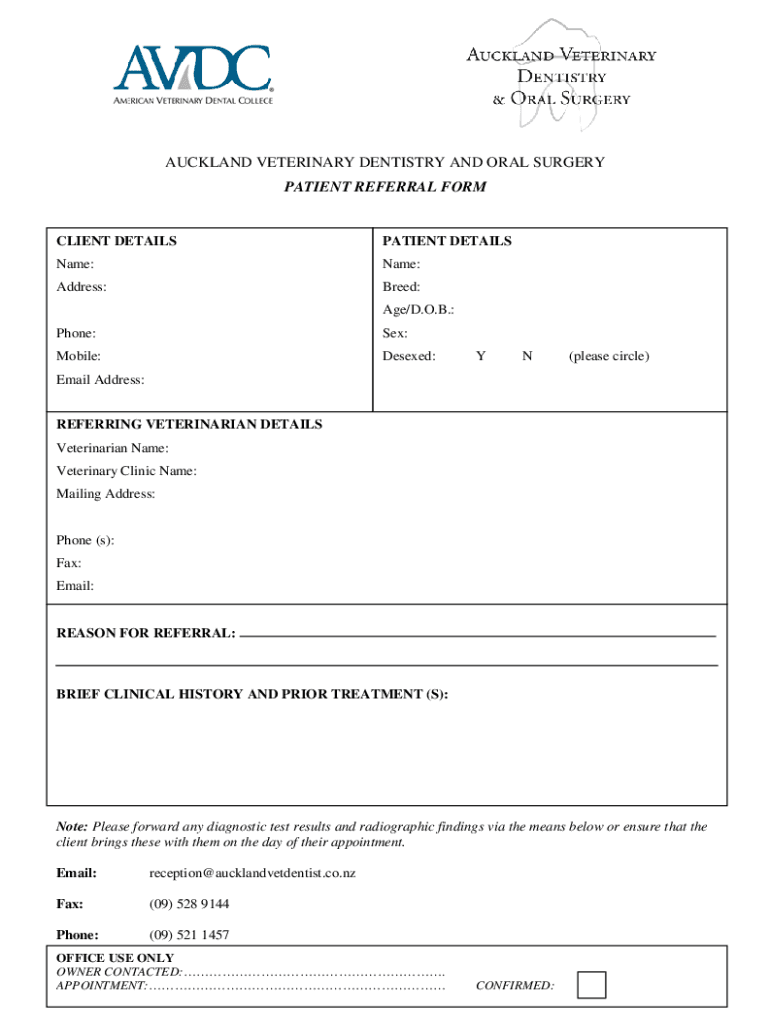 Fillable Online Auckland Vet Dentist Patient Referral Form Fax Email
