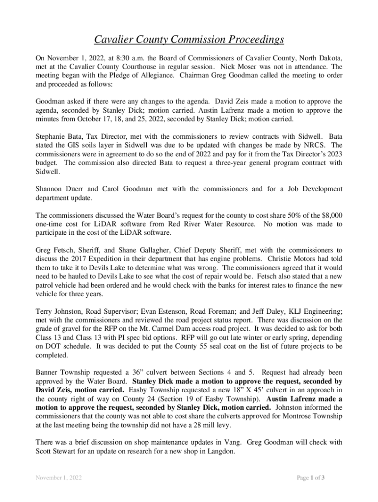 Fillable Online met at the Cavalier County Courthouse in regular