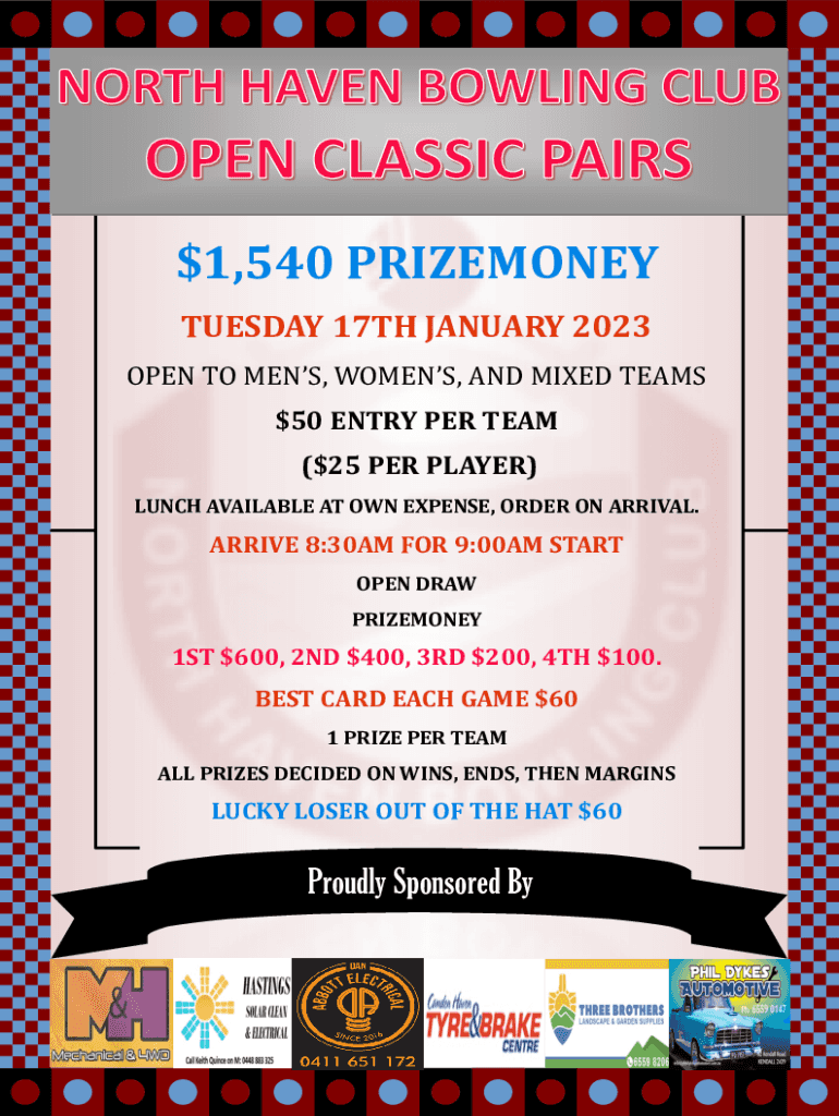 Fillable Online North Haven Bowling Club Classic Pairs Tournament Fax