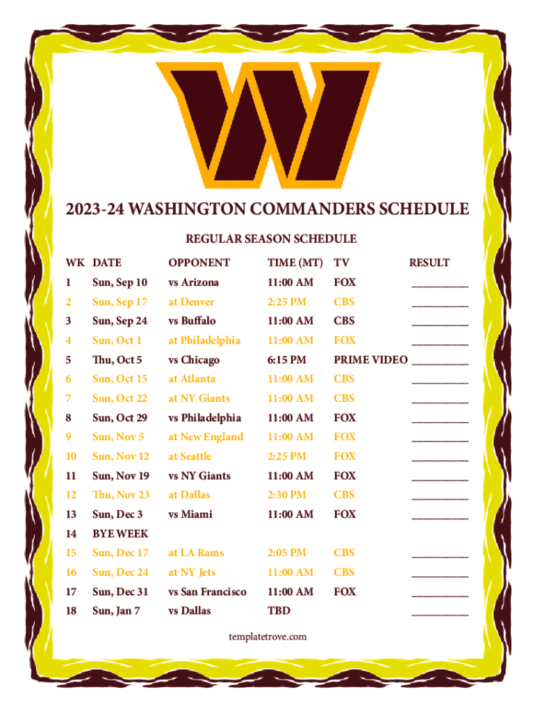 Fillable Online Washington Commanders TV schedule: Game time, Channel