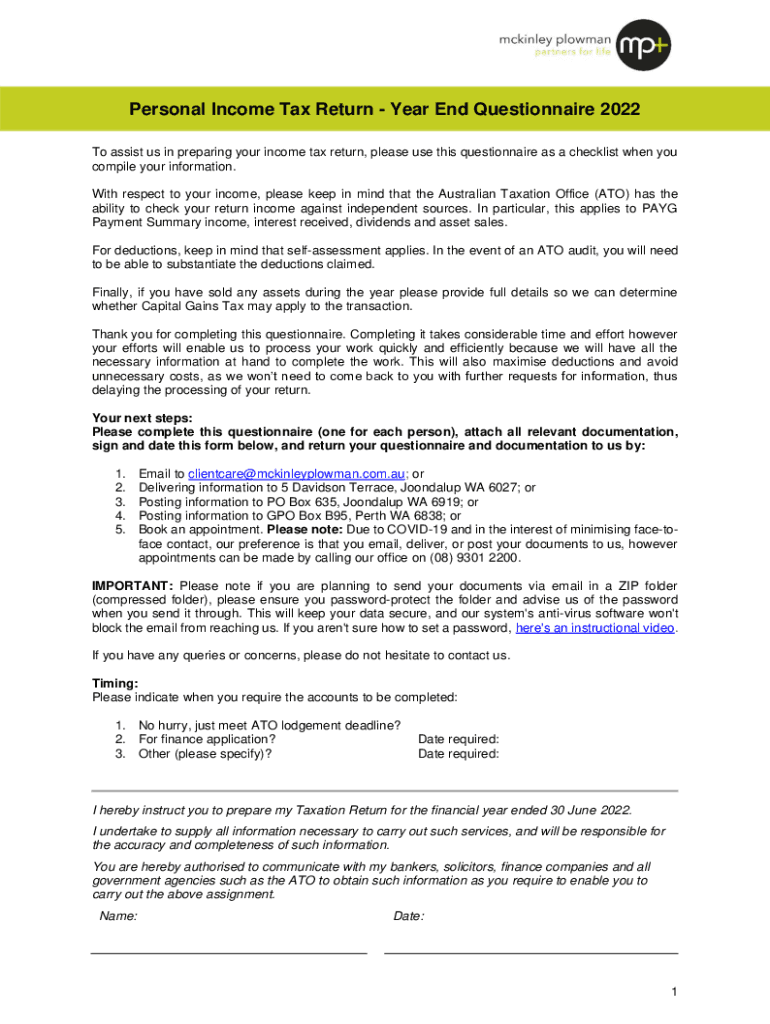 Fillable Online Personal Tax Return Year End Questionnaire