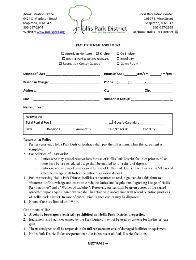 Fillable Online Hollis Park Recreation Center, 10107 S Vine St