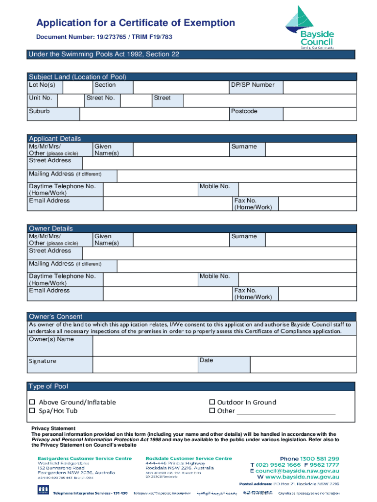 Fillable Online Application for a Certificate of Exemption (Swimming
