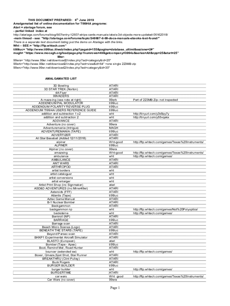 Fillable Online Amalgamated list of online documentation for TI99/4A