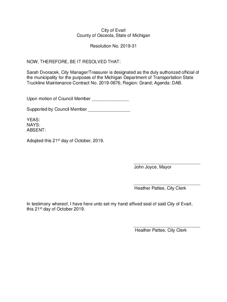 Fillable Online SARAH DVORACEK City Manager/Treasurer City of Evart